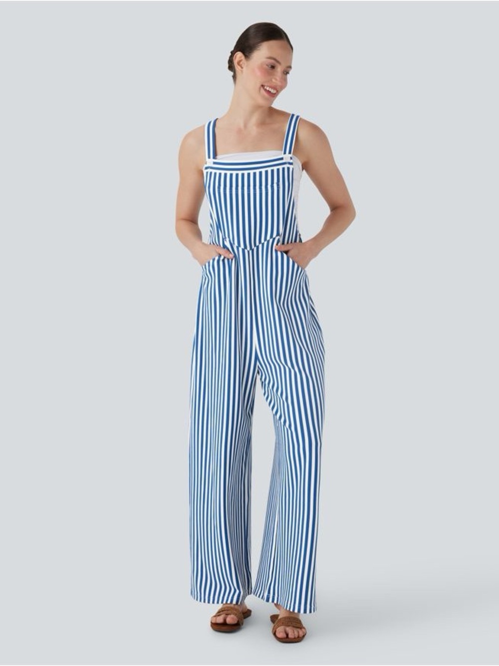 HALARA Blue & White Striped Wide-Leg Jumpsuit